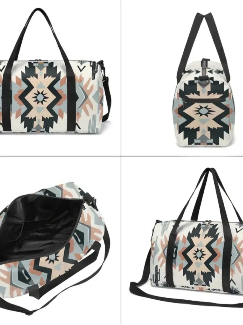 Patterned Canvas Duffel Bag - Cream, Black & Coral